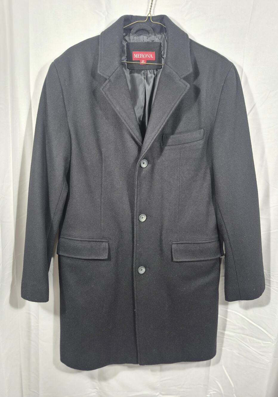 MERONA Mens Small Black Wool Blend Single Breasted Topcoat Overcoat Trench Jacke